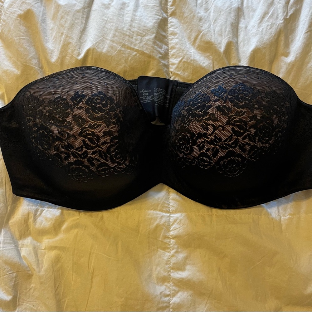 Soma Stunning Support Black Lace Strapless Bra Underwire, Molded Cup